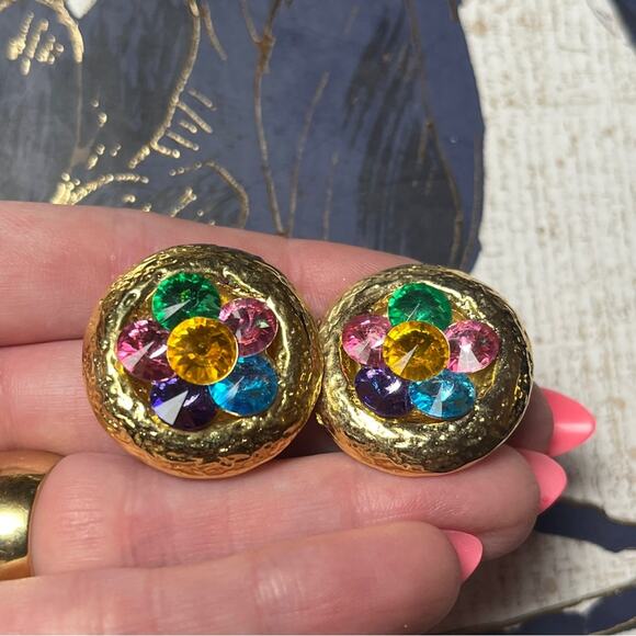 Vintage 80s 1980s Large Oversized Gold Gemstone Flower Clip Earrings D1 - Picture 5 of 10